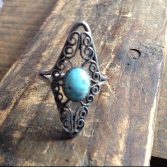 Jewelry - Boho 70s Faux Turquoise Filigree Ring Adjustable